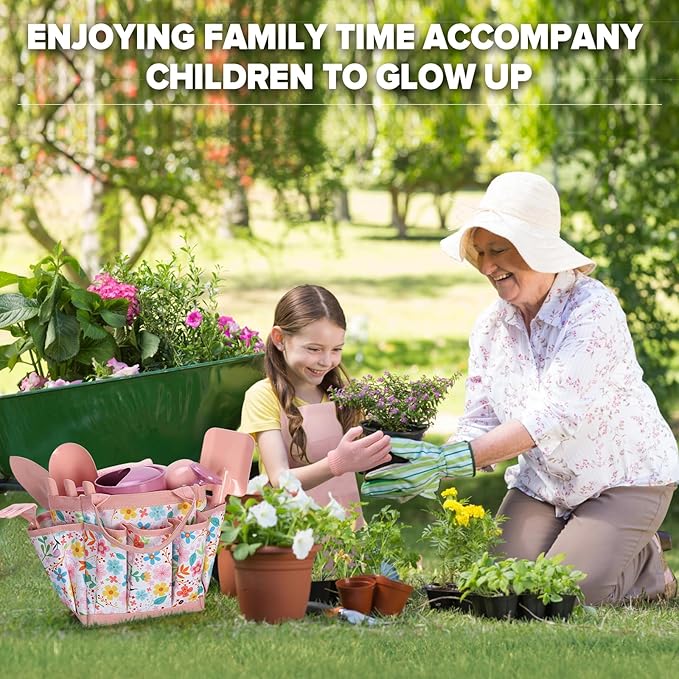 Kids Gardening Set 14Pcs Gardening Tools for Kids with Tote Bag,Watering Can, Shovel, Apron, Garden Book and More Educational STEM Learning Outdoor for Toddlers Boys Girls (Pink)