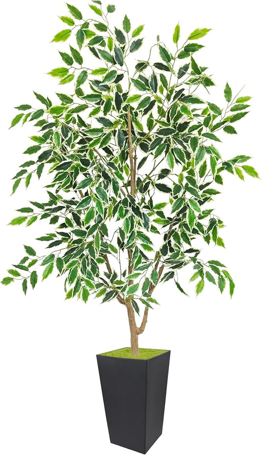 Artificial Ficus Plant 5ft, Fake Tree with Black Tall Planter, Faux Ficus Leaves Trees in Pot, Artificial Floor Plants for Home Living Room Office Bedroom Foyer Porch Decor Indoor