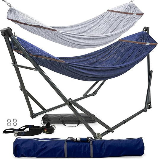 Tranquillo Combo x2 Hammocks with Stand for Outside & Tree Straps, Heavy Duty Hammock with Stand 600lbs for Indoor Outdoor Patio Backyard, x2 Hammocks for 2 Person, Portable Carrying Bags, Aegean