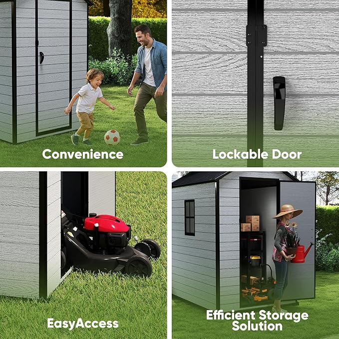 4 x 6 FT Shed Resin Outdoor Storage with Floor, 230 cuft Plastic Shed with Window and Lockable Door for Garden, Backyard, with Wood Texture, Grey