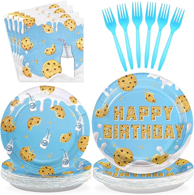 Grencian 96Pcs Milk and Cookies Party Supplies Chocolate Chip Cookies Plates and Napkins Sets Sweet One Birthday Decorations for Boys Baby Shower Milk and Cookies 1st Birthday Party Favor Serves 24