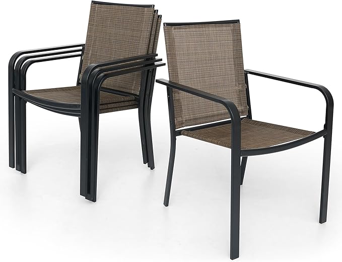 5-Piece Outdoor Patio Dining Set, 40-Inch Round Glass Table with 4 Stackable Chairs, Brown