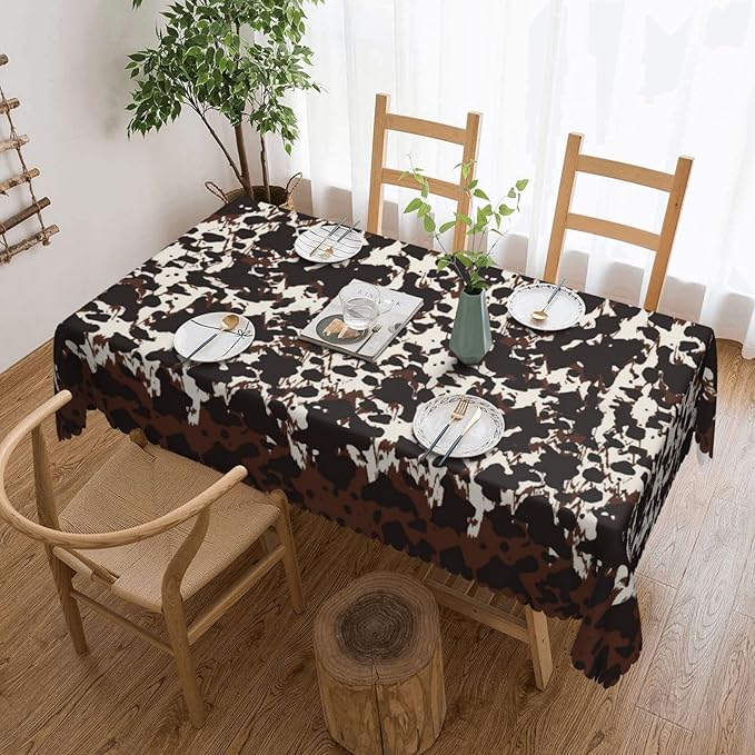 Cow Fur Table Cloth for Rectangle Dining Tables, Reusable Beige Brown Cowhide Tablecloths Decoration Western Farm Animal Fur Cow Skin Brown Table Cover for Kitchen,Holiday,Party, 54x72 Inch