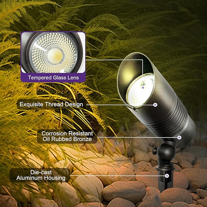 8-Pack Low Voltage Spot Lights, 2700K-5000K Adjustable, 7W, 580LM, IP65 Waterproof, CRI 90+, 12-24V AC/DC, Outdoor Landscape Light for Garden, Yard, Path, Bronze, ETL Listed