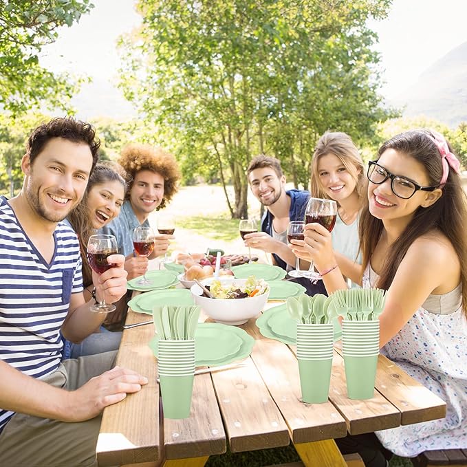 350 Pcs Sage Green Party Supplies Include Scalloped Plate Napkin Cup Forks Knives, Plastic Cutlery 50 Guest Disposable Party Tableware Set for Wedding Baby Shower Bridal Shower Birthday Parties