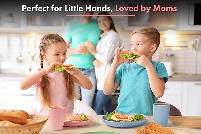 FOODLE Wheat Straw Dinnerware Set - BPA Free & Safety Tested - Dishwasher & Microwave Safe - Toddler & Kids Plates and Bowls Sets - Plastic Plates Reusable - Perfect for RV, Camping Dishes - For 4