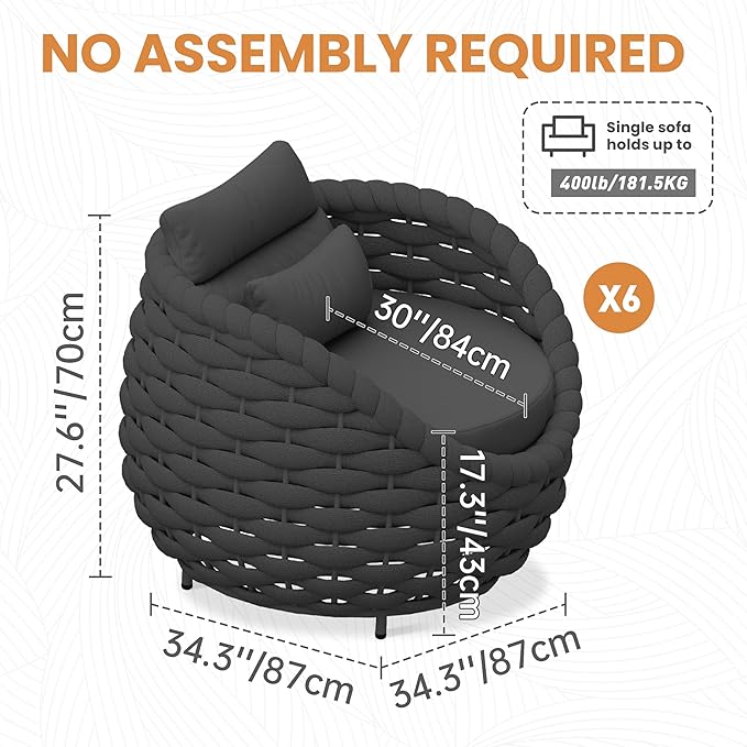 6 PCS Front Porch Accent Chair: Aluminum Woven Rope Armchair Assembled - Cushioned Patio Single Chair w/Arms Modern - All Weather Balcony Furniture for 400lbs Outdoor Yard Deck Hotel, Dark Gray