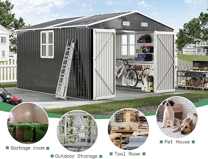 AMERLIFE 10x12x7 FT Metal Storage Shed with 2 Transparent Panels, Outdoor Tool Shed with Hinged Double Doors, Windows & Vents, Reinforced Steel Frame for Backyard Garden, DIY Workshop, Dark Gray