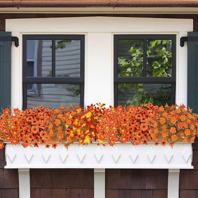 36 Bundles Outdoor Artificial Fall Flowers UV Resistant Plastic Faux Flowers Fake Fall Plants Shrubs Fall Decoration for Autumn Garden Patio Wedding Kitchen Farmhouse Decor