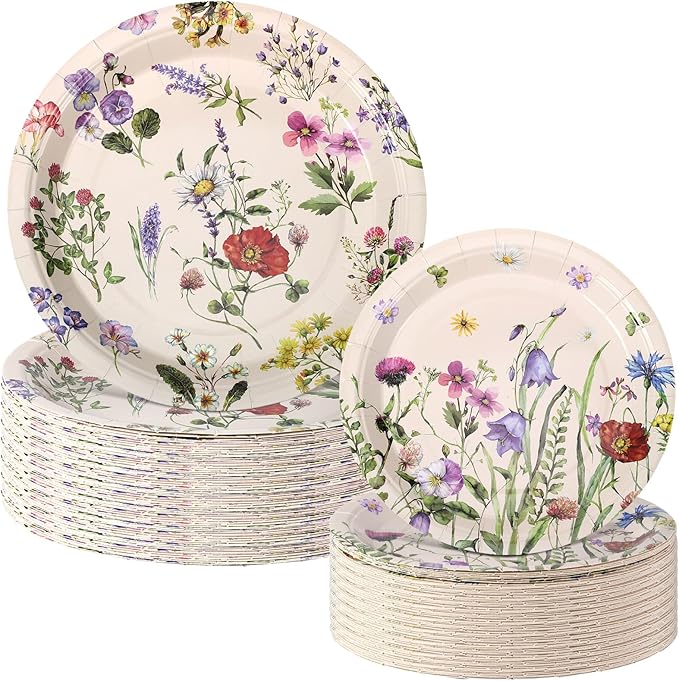 Mumufy 100 Pack Wild Floral Paper Plates Flower Dinner Decoration 9" & 7" Disposable Watercolor Dessert Plates for Wedding Birthday Baby Shower Bridal Tea Party Supplies