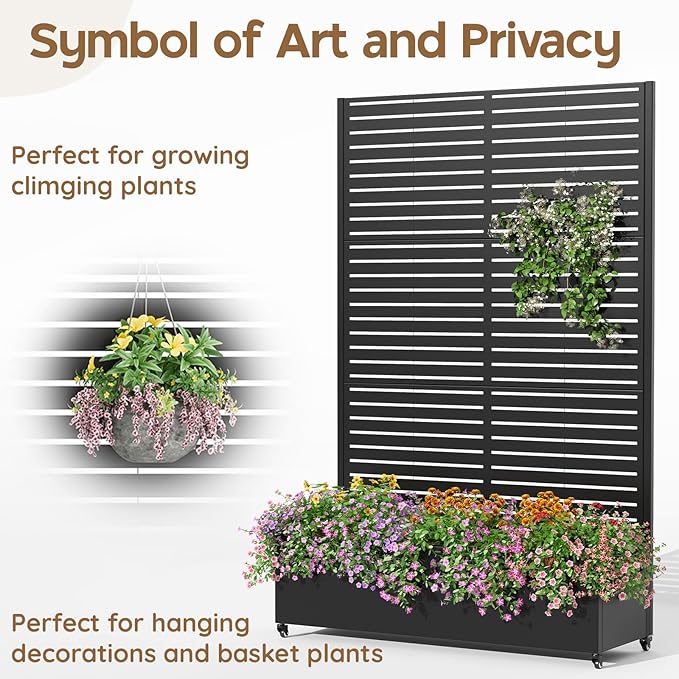 Metal Raised Garden Bed with Trellis & Wheels,70" x 47"x 15.7" Planter Box with Trellis,Privacy Planters for Patio,Garden Bed for Climbing Plants,Suitable for Climbing Plants and Vegetables,Black