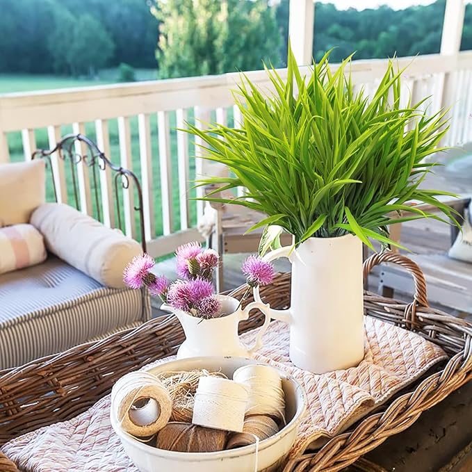 Outdoor Artificial Plants 8 Bundles Fake Plants Grass UV Resistant Fake Flowers Bush Greenery,17Inch Tall Faux Grass Shrubs for Home Porch Pathway Garden Décor Outside Indoor (Green)