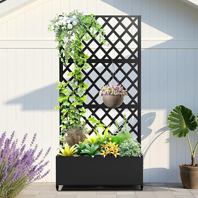 Metal Planter Box with Trellis, Planter Box with Privacy Screen, Privacy Trellis Outdoor for Climbing Plants with Drainage Holes, Raised Garden Bed with Wheels