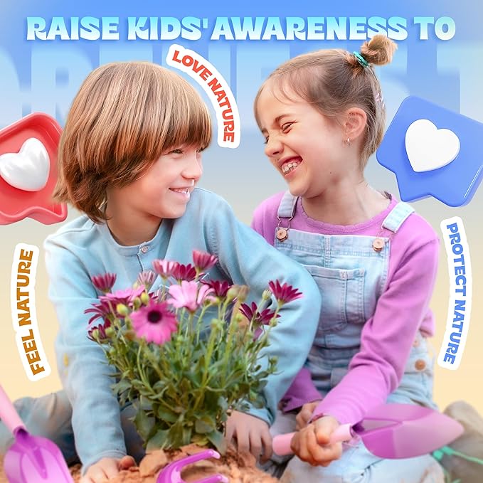 SMILESSKIDDO Kids Gardening Set - Toddler Gardening Set with Shovel Rake Trowel, Apron Tote Bag Watering Can for Kids Gardening Tools - Ideal Kids Gardening Tools Gift for Boys and Girls(Pink)