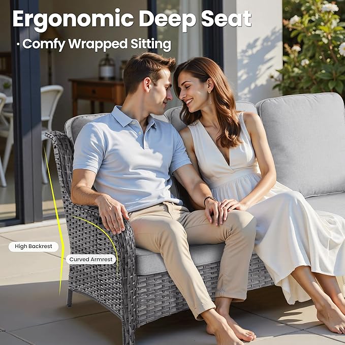 ovios 7 Pieces Patio Furniture Set, Outdoor Wicker Sofa Couch with Swivel Chairs Solar Lights Table, All Weather High Back Modern Conversation Sets, Grey Rattan, Grey