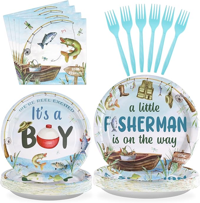 96 Pcs Fishing Baby Shower Party Decorations for Boy Gone Fishing Plates and Napkins A Little Fisherman is on The Way Party Decorations for Boys O Fishally 1st Birthday Favors Serves 24