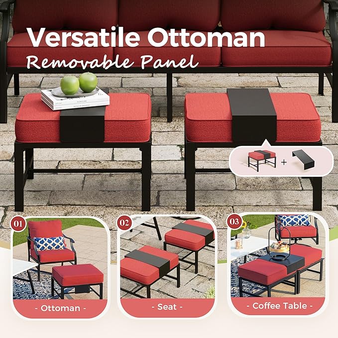 Patio Furniture Set 5 pcs, Outdoor Patio Furniture, 3-Seat Sofa, 2 Swivel Chairs, 2 Ottomans and 5.75" Extra Thick Cushion, Patio Conversation Set for Garden Backyard Deck,Red
