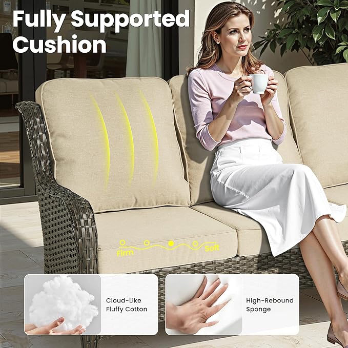 ovios 8 Pieces Patio Furniture Set, Outdoor Wicker Sofa Couch with Swivel Chairs 42" Fire Pit Table, All Weather High Back Modern Conversation Sets, Brown Rattan, Beige