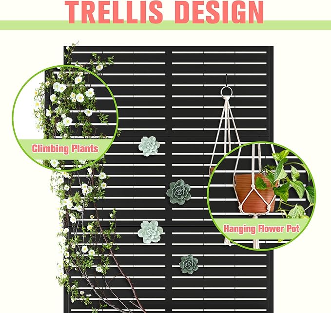 Metal Planter Box with Trellis, Raised Garder Bed with Drainage Hole, Privacy Screen & Trellis for Climbing Plants, Plant Stands, 47''L×17''W×71''H, Black