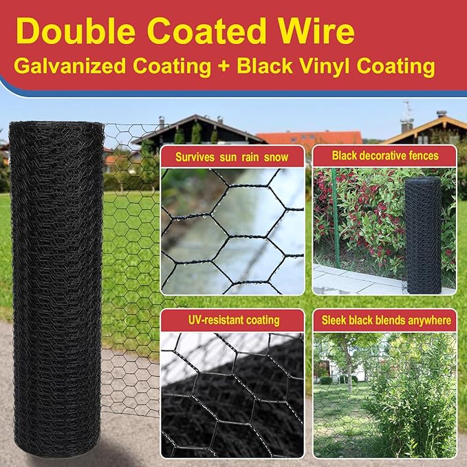 Black 19GA Chicken Wire 36inx150ft, Chicken Wire Fencing, Garden Fence, Metal Poultry Wire Netting, Galvanized PVC Coated Mesh for Animal/Rabbit/Floral/Chicken Coop/DIY Projects.