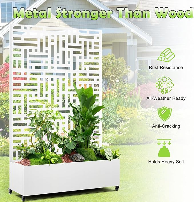 15.7"×70.9"×47.2" Metal Raised Garden Bed with Trellis and Wheels - Tall Trellis Planter Box for Climbing Plants, Vegetables & Vines - Outdoor Privacy Planters for Patio (White-Helen)