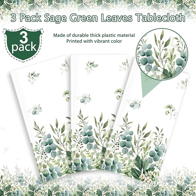 3 Pack Spring Sage Green Baby Shower Plastic Tablecloth, Eucalyptus Leaf Disposable Table Cover, Summer Rectangle Table Cloth for Bridal Baby Shower Birthday Wedding Party Decorations, 54x108 Inch