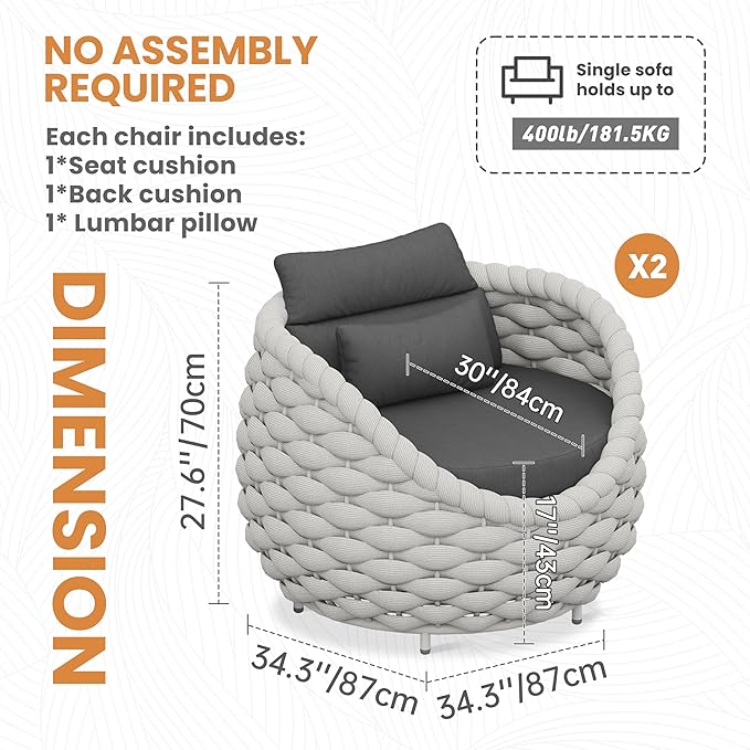 2 PCS Porch Furniture Chair: Patio Accent Chair Aluminum - Woven Rope Cushioned Armchair Assembled - Modern Lounge Single Chair - All Weather 400lbs for Deck Balcony Yard Garden Hotel Poolside