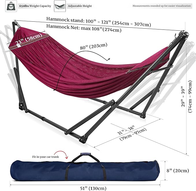 Tranquillo Universal Double Hammock with Stand Included for 2 Persons/Foldable Hammock Stand 600 lbs Capacity Portable Case - Inhouse, Outdoor, Camping, Red