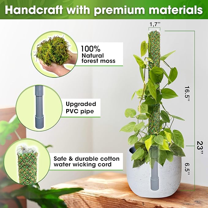DUSPRO Self-Watering Natural Green Forest Moss Pole, Easy to Use Moss Sticks for Indoor Plants, Climbing Plant Support Stake with Self-Watering Feature, Moss Pole Monstera Plant Support 2pcs 23''
