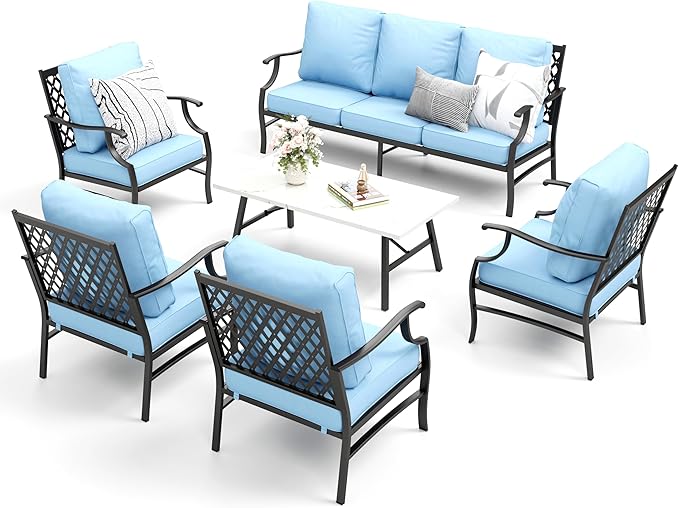 Patio Furniture Set 6 pcs, Outdoor Patio Furniture, 1 X 3-Seat Sofa, 4 X Single Chairs, 1 X Coffee Table and 5.75" Extra Thick Cushion, Patio Conversation Set,Blue