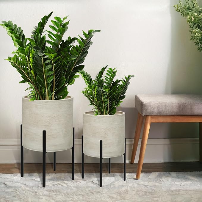 ARNIS Modern Plant Pots, Large Planters with Stand, Set of 2 Decorative Planters, Metal Pots with Drainage Holes for Living Room, Office, Garden or Balcony, 10.5 &12.55 Inch, Dirt