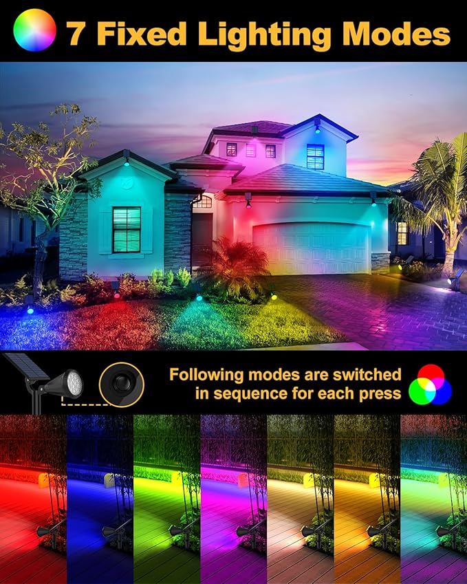Solar Spot Lights Outdoor Color Changing, 7 Modes/14 LED Outdoor Solar Lights for Yard, Waterproof RGB Multicolor Solar Landscape Spotlights Auto On/Off for Flood, Yard, Tree, Pathway, 8 Pack