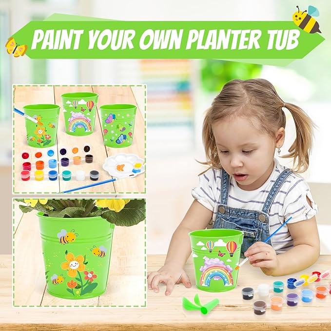 deAO Kids Gardening Set Arts and Crafts for Kids Paint Garden Tools DIY Flower Building Toys with Shovel, Trowel, Rake, Water Can,Gloves,Tote Bag,Apron,Painting Accessories,Outdoor Gift for Boys Girls