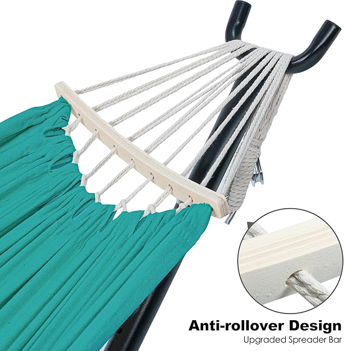 Double Hammock with Stand for Outside, Upgraded Spreader Bar, Heavy Duty Space Saving Steel Stand 2 Person, Side Pockets, Easy Assembly, 600lbs Weight Capacity, Indoor & Outdoor (Aqua Blue)