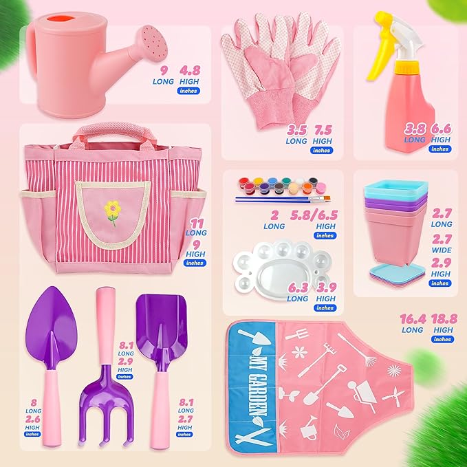 SMILESSKIDDO Kids Gardening Set - Toddler Gardening Set with Shovel Rake Trowel, Apron Tote Bag Watering Can for Kids Gardening Tools - Ideal Kids Gardening Tools Gift for Boys and Girls(Pink)
