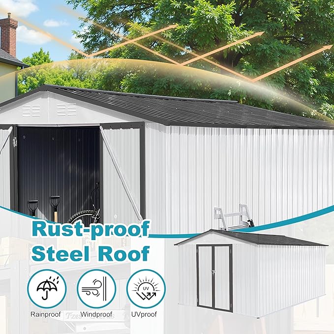 Sheds & Outdoor Storage 12 ft × 10 ft Storage Shed Large Classic Apex Roof Metal Garden Storage Sheds with Hinged Door Tool Cabinet for Backyard, Patio, Poolside, White + Gray
