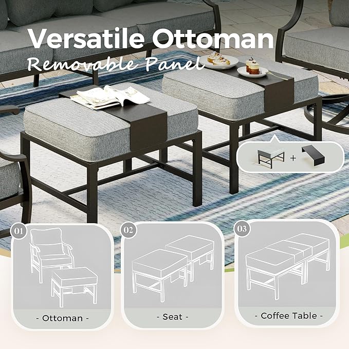 Patio Furniture Set 5 pcs, Outdoor Patio Furniture, 3-Seat Sofa, 2 Swivel Chairs, 2 Ottomans and 5.75" Extra Thick Cushion, Patio Conversation Set for Garden Backyard Deck,Grey