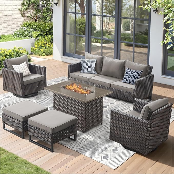 Patio Furniture Set with Fire Pit Table-6 Pieces All Weather Outdoor Swivel Chairs Set of 2 with Patio Sofa and Ottomans, Patio Conversation Sets for Porch Deck Garden Backyard(Brown/Grey)
