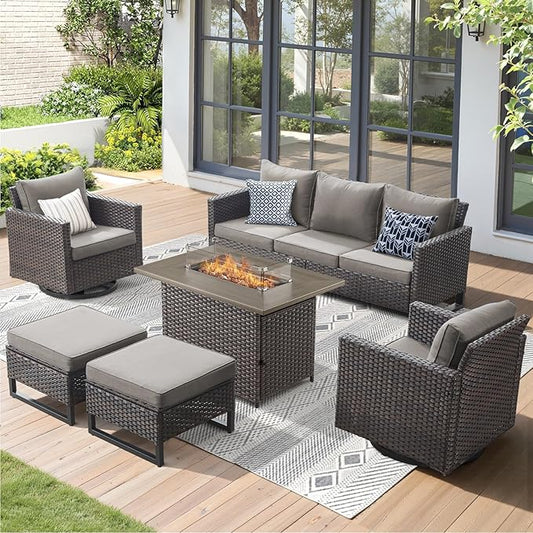 Patio Furniture Set with Fire Pit Table-6 Pieces All Weather Outdoor Swivel Chairs Set of 2 with Patio Sofa and Ottomans, Patio Conversation Sets for Porch Deck Garden Backyard(Brown/Grey)