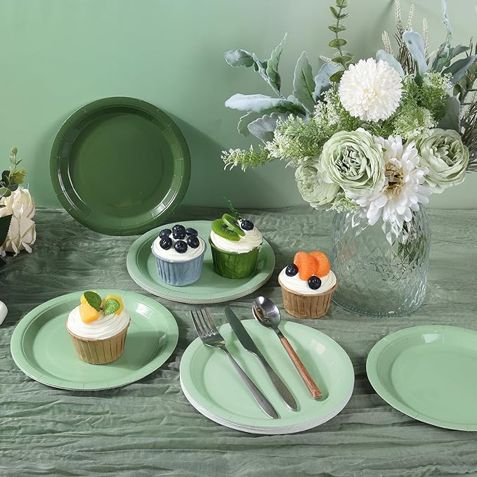 48Pcs Sage Green Paper Plates Gradient Green Party Plates 7”Disposable Round Dessert Plates for Birthday Wedding Bridal Baby Shower Christmas Party Supplies 4 Colors