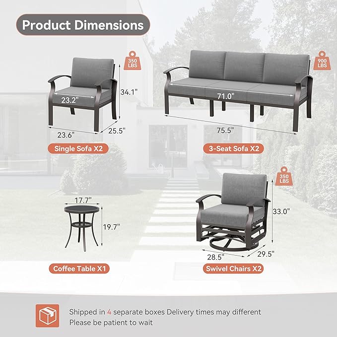 Kurapika Aluminum Patio Furniture Set 10-Seat Modern Metal Outdoor Conversation Sets w/Swivel Rocking Chairs Patio Sectional Sofa w/5.1 Inch Cushion, Grey