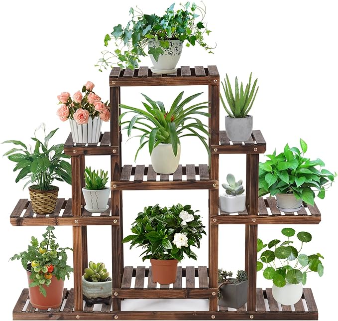 COSTWAY 6-Tier Multifunctional Wood Flower Stand, Shelf Holder for Multiple Plants, Freestanding Plant Rack for Garden, Patio, Balcony, Living Room, Indoor, Outdoor