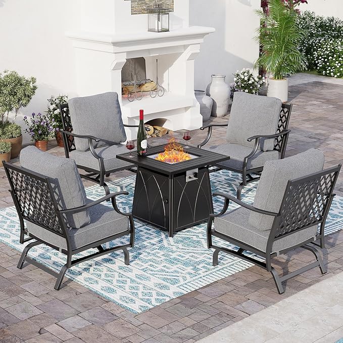 5 Piece Metal Outdoor Patio Furniture Set with Fire Pit Table, Patio Conversation Sets 4 Rocking Chairs with 5.75" Thick Cushion and 5000 BTU Fire Pit Table, Backyard Furniture, Gray