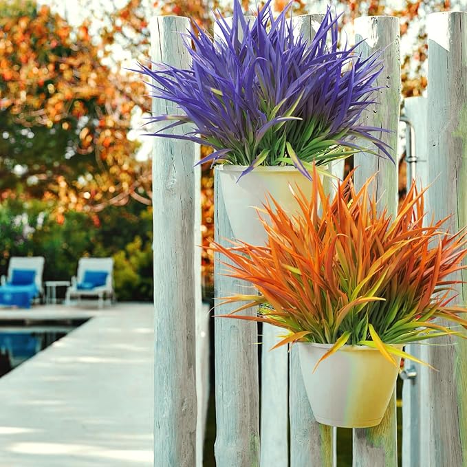 Outdoor Artificial Plants 8 Bundles Fake Plants Grass UV Resistant Fake Flowers Bush Greenery,17Inch Tall Faux Grass Shrubs for Home Porch Pathway Garden Décor Outside Indoor (Orange)