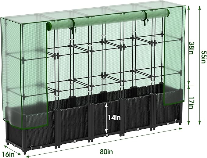 Onelike 80'' x 16'' x 55.5'' Plastic Raised Garden Bed with Greenhouse Cover and Trellis, Vertical Tomato Planters for Climbing Plants, Self Watering System Tomatoes Cage for Patio,Black,Large