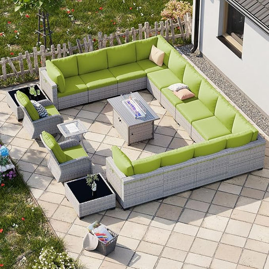 18-Piece Patio Furniture Set, Outdoor Patio Furniture with 55,000 BTU Fire Pit Table, Swivel Chairs Set, Thick Cushions, Modular Patio Sofa, Dual-Strand Wicker Rattan, Rust-Resistant Frame,Grass Green