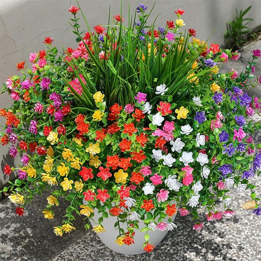 Ivydale Artificial Flowers Plants for Outdoors Decoration, 10 Bundles Fake Plastic Colorful Flowers with Ferns UV Resistant Faux Greenery Bushes Shrubs for Home Porch Patio Garden