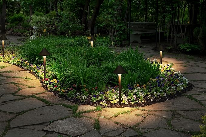 GKOLED Solid Brass Landscape Path Lights (5" Shade, 20" Tall), Low Voltage LED 3W 12-24V AC/DC Conehead Path Lighting, 2700K Outdoor Waterproof Walkway Light, with Stake and G4 Bulb, 12 Pack