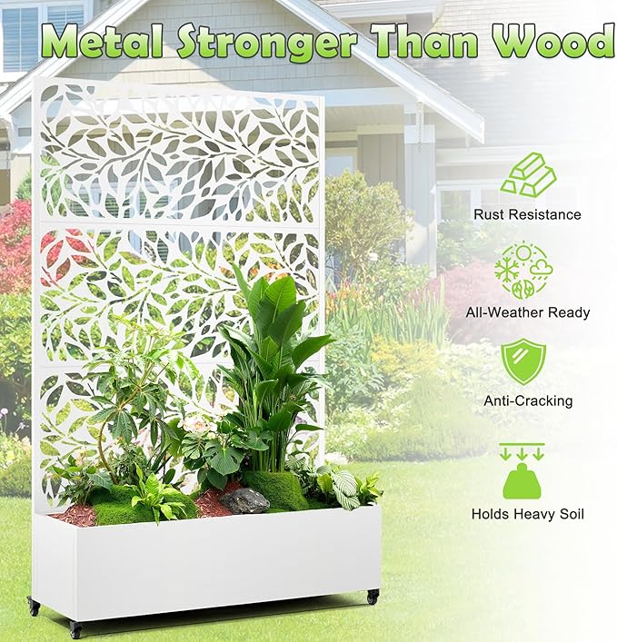 15.7"×70.9"×47.2" Metal Raised Garden Bed with Trellis and Wheels - Tall Trellis Planter Box for Climbing Plants, Vegetables & Vines - Outdoor Privacy Planters for Patio (White)