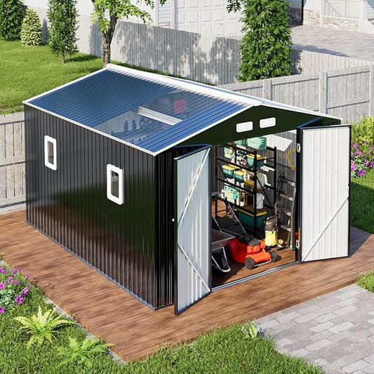 10x12 Metal Shed with Floor Frame Kit & Reinforced Construction - Translucent Roof Panels for Natural Light, Lockable Doors,Vents,Windows, Weatherproof Garden/Backyard/Patio Outdoor Storage